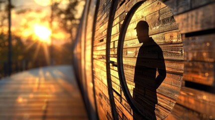 Naklejka premium Sunset silhouette of a contemplative man urban park serene environment side view reflective concept for seo impact