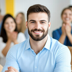 Fototapeta premium A man with a beard and a blue shirt is smiling at the camera