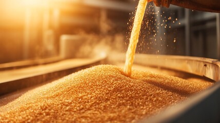 Sugar Production Process with Fresh Sugarcane Juice Flowing into Industrial Vats