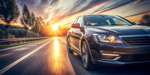 Fototapeta premium Driving at sunset along a scenic road with trees lining the route and the warm glow of a golden horizon driving, sunset, car, road, highway, scenic, trees, landscape, evening, golden light, journey, 