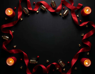 A festive top view of a dark table with bells, ribbons, and glowing candles on the sides