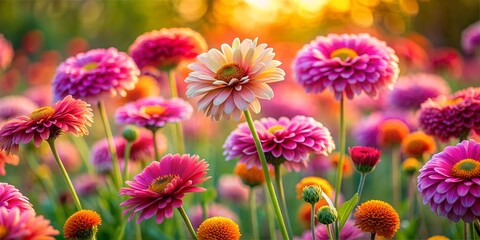 Fototapeta premium Vibrant field flowers bloom under golden sunlight in a serene rural setting during late afternoon