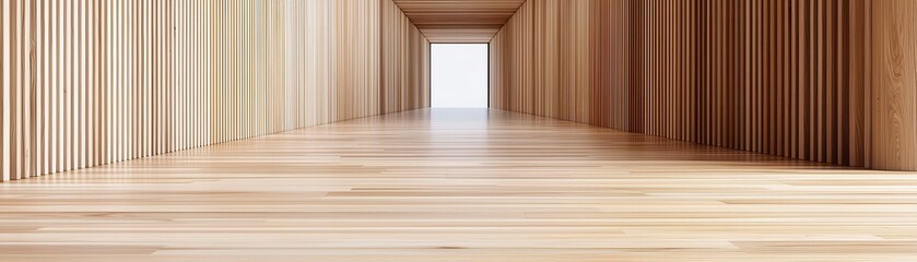 Hardwood durability structure concept. A long hallway lined with wooden pillars leading to a bright light at the end, creating a sense of depth and tranquility.