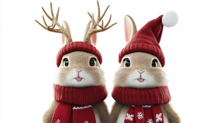 Fototapeta premium Two adorable bunnies in festive holiday attire with antlers and Santa hats, embracing the Christmas spirit.