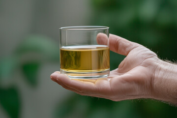 calming depiction of hand holding glass of golden liquid, surrounded by greenery. image evokes sense of tranquility and relaxation