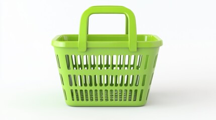 A bright green plastic shopping basket empty and ready for use against a white background.