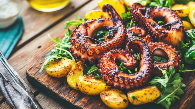 Grilled octopus with char marks, served with potatoes and greens, rustic wooden board, warm tones, Mediterranean flair