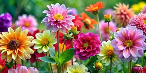 Fototapeta premium Colorful blooming flowers in a vibrant garden showcasing diverse floral varieties flowers, garden, blooming, colorful, nature, vibrant, petals, sunlight, floral, 