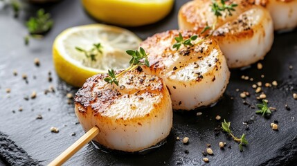 Grilled scallops on a skewer with lemon and herb garnish, served on a dark slate plate, gourmet seafood presentation