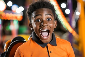 A dynamic image of a roller coaster in motion, with people expressions of excitement captured against the colorful backdrop of the ride