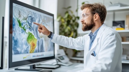 A scientist wearing safety glasses points at a digital map on a monitor, analyzing global climate patterns in a lab.