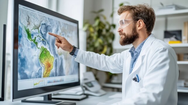 A scientist wearing safety glasses points at a digital map on a monitor, analyzing global climate patterns in a lab.
