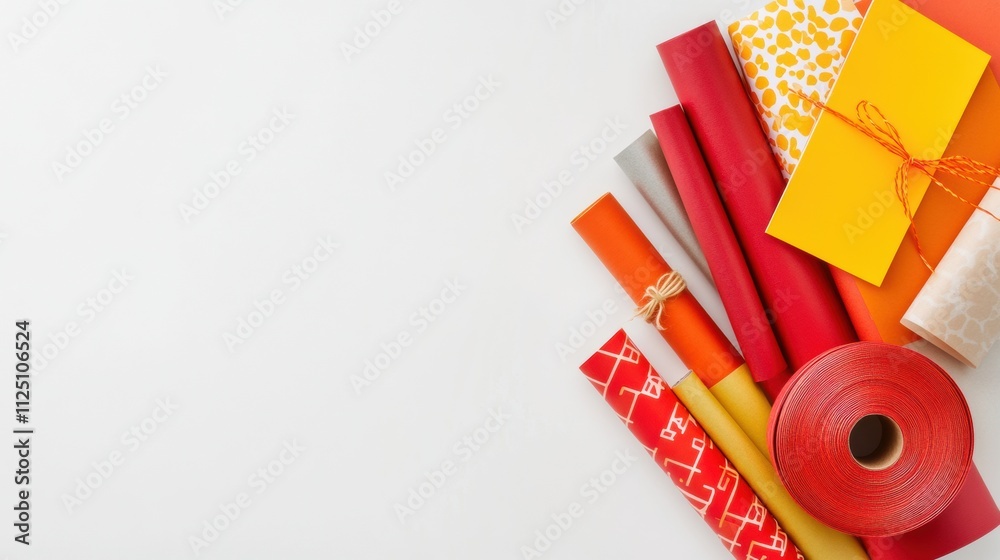 Leinwandbilder Colorful rolls of wrapping paper and ribbons are arranged neatly with a blank area for adding a personal message or greeting. Generative AI