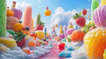 Surreal landscape of colorful fruits and candy.