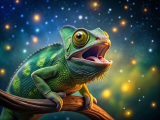 Obraz premium Cute Cartoon Green Lizard with Open Mouth in Night Photography Style, Representing a Playful African Chameleon with a Fun Personality, Ideal for Nature and Wildlife Themes