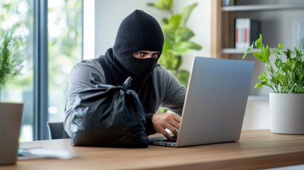 A masked individual working on a laptop in a contemporary office setting, suggesting cybercrime or suspicious activity.