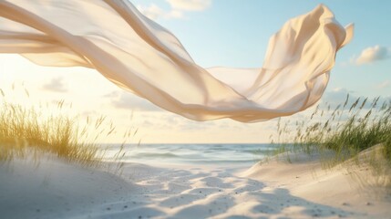 Gently flowing fabric drifts over a sunlit sandy beach, blending with the clear sky and ocean backdrop.