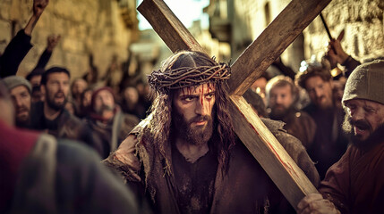 Bearing the burden of fate in ancient Jerusalem as Jesus carries the cross amidst a crowd