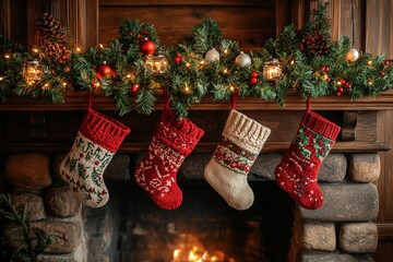 Christmas stockings hanging by decorated fireplace with festive lights and ornaments holiday decor concept