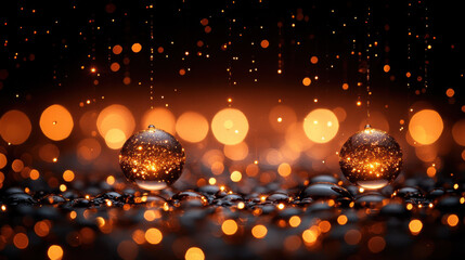 Shimmering orbs reflect warm lights in dreamy, sparkling scene. background features cascade of glowing droplets, creating magical atmosphere