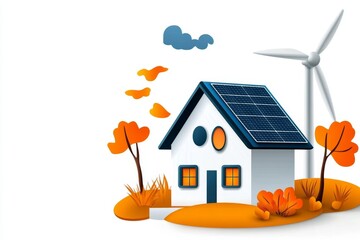 A flat 2D depiction of an energy-efficient home surrounded by glowing solar panels and wind turbines on a white background