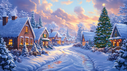 Fototapeta premium Cartoon winter scene with houses christmas trees and pastel background