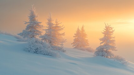 Winter Sunrise Over Snow Covered Mountain Trees