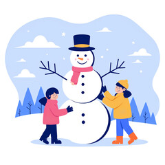 Snowman and children flat cartoon illustration. Kids playing to make a snowman cartoon.
