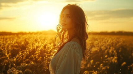 Naklejka premium Woman Stands in Golden Sunset Wheat Field