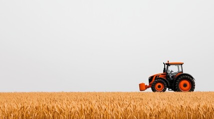 A lone tractor stands in a golden wheat field under a cloudy sky, symbolizing agricultural productivity and rural life.