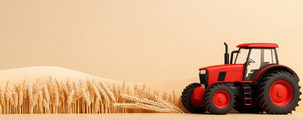 Obraz premium A vibrant red tractor works in a vast field of golden wheat under a soft, neutral background.
