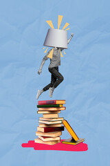 Vertical creative art collage of anonym man jump book stack education library student enlightenment...
