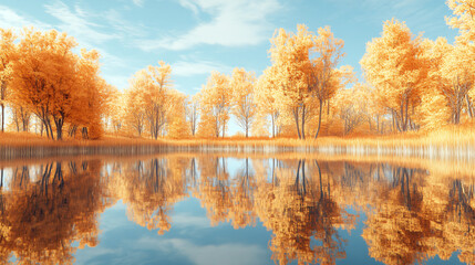 Obraz premium Golden autumn trees reflected perfectly in a still pond.