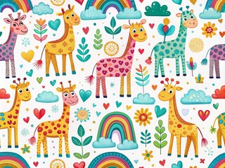 Cute Rainbow Giraffe Pattern for Childish Animal Print, Perfect for Kids' Decor and Apparel, Featuring Bright Colors and Whimsical Design Elements for Playful Aesthetics