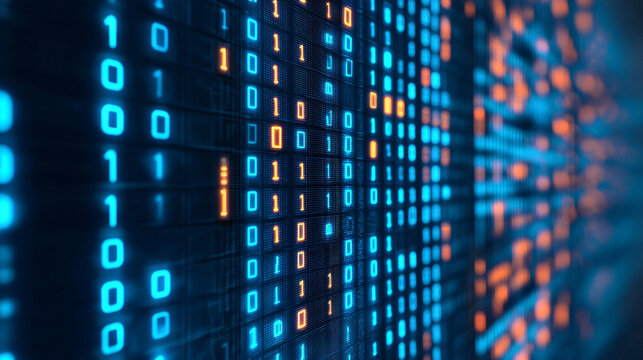Digital binary code pattern in vibrant blue and orange tones, representing data and modern technology concepts.
