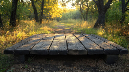Naklejka premium wooden platform in serene forest path surrounded by trees and sunlight. warm glow creates peaceful atmosphere, perfect for relaxation or reflection
