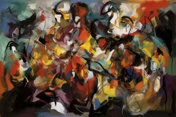 Abstract colorful painting with dynamic brushstrokes and forms.