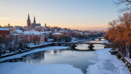 Fototapeta premium Winter cityscape with a frozen river and skyscrapers in a cold urban environment 