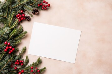 Festive Christmas Branches with Red Berries on Light Background.