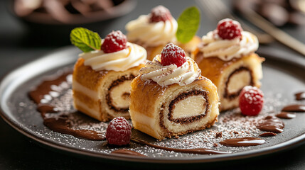 Swiss roll pastry dessert, delicious bakery treat, tasty and yummy cream filled cake, food with sweet swirled layers, chocolate snack for breakfast.