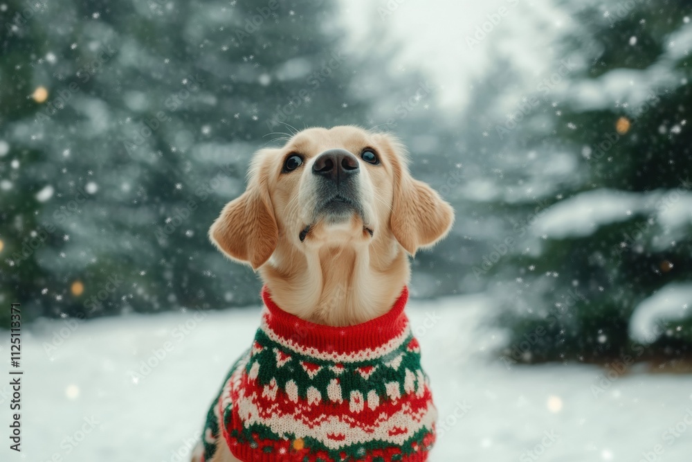 Poster a cheerful dog wears a colorful winter sweater while sitting in a snowy environment, surrounded by t