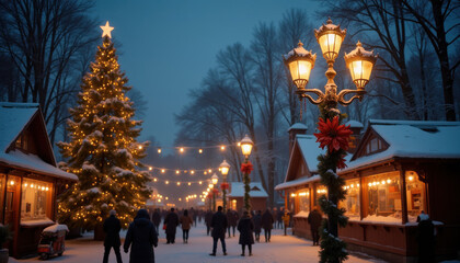 Festive winter street with decorated shop windows and illuminated lamp post with bow