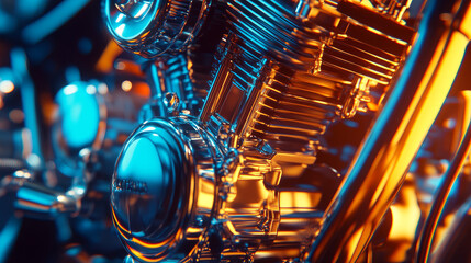 A motorcycle engine seen from up close.