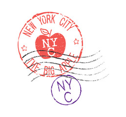 Postal rubber stamps NEW YORK CITY THE BIG APPLE and NYC abbreviation. Retro seals for letter envelopes, greeting cards, passports, parcels.