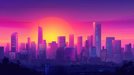 Fototapeta premium Vibrant sunset over a futuristic city skyline