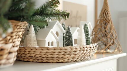 Fototapeta premium Small white houses in a wicker basket on a shelf
