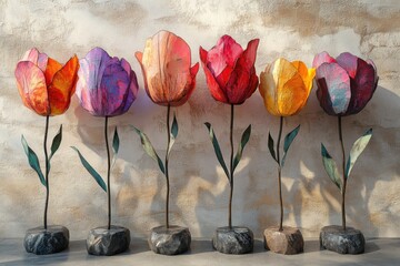 Colorful, artistic flower sculptures stand elegantly against a textured wall.