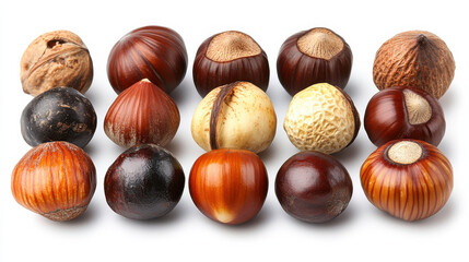 Obraz premium collection of various nuts, including hazelnuts and chestnuts, displayed in visually appealing arrangement. nuts showcase diverse colors and textures, creating interesting natural display