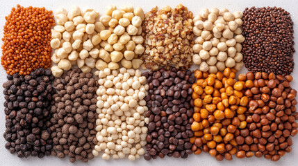 colorful assortment of various nuts and seeds arranged neatly, showcasing their unique textures and colors. This vibrant display highlights diversity of nuts and seeds