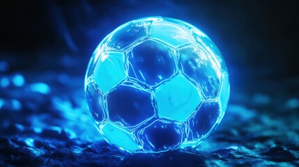 Naklejka premium An illuminated blue soccer ball glowing with a captivating light against a dark background.